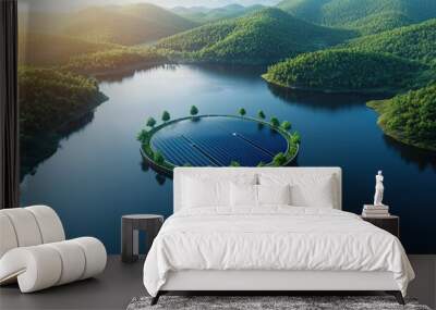 Futuristic dam design with a floating solar farm on the reservoir Wall mural