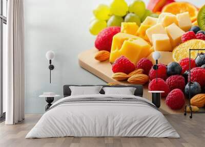 Healthy snack board with an assortment of fresh fruits, nuts, and cheese Wall mural