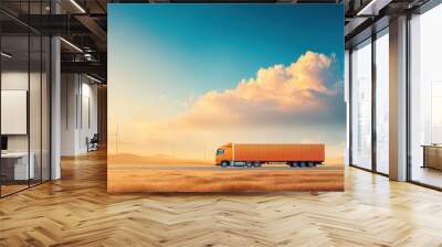 Hydrogen-powered truck convoy crossing a desert with wind turbines Wall mural