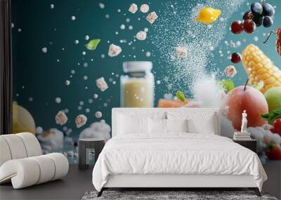 Illustration of tartaric acid's role in food additives with various food items in the background Wall mural