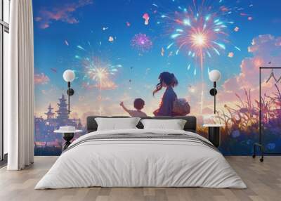 Parents and children watching fireworks together at a festival Wall mural