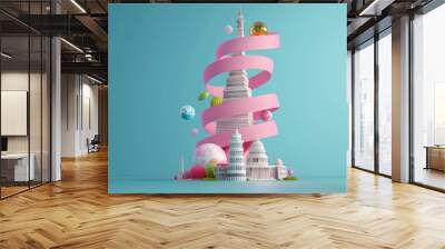 Pink ribbon wrapped around iconic world monuments. Wall mural