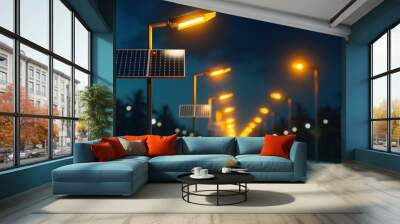 Solar-powered streetlights illuminating a city street at night Wall mural