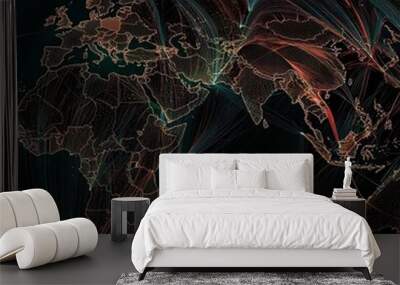 World map with flight paths, representing global aviation routes Wall mural