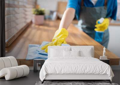 Close up hand cleaning home and wiping with microfiber cloth in kitchen room at home	 Wall mural