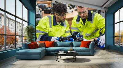 Two caucasian engineer man learning control and repair arm robot in class  Wall mural