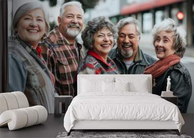 Group of senior friends having fun together on the street. Selective focus. Wall mural