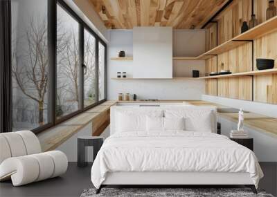 Interior of modern kitchen with white and wooden walls, tiled floor, white countertops and wooden cupboards. Wall mural