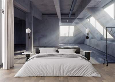 Modern loft interior with concrete walls, wooden floor and sunlight. Wall mural