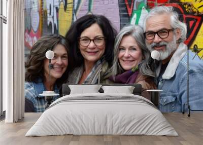 Portrait of a group of smiling senior friends standing in the street Wall mural