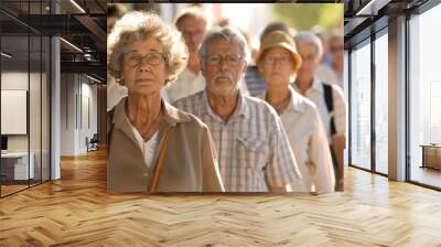 Portrait of a senior woman with glasses on a background of people Wall mural