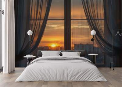 Sunset behind the window with a view of the city and the sun Wall mural