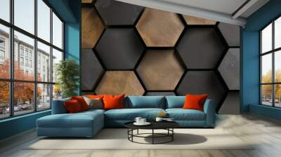 Matte Black and Gold Hexagonal Tiles Texture Wall mural