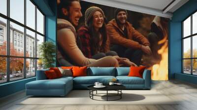 People laughing together at a camp bonfire. Wall mural