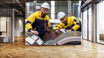 Two factory workers are inspecting a stack of large steel coils in an industrial setting or manufacturing facility. Wall mural