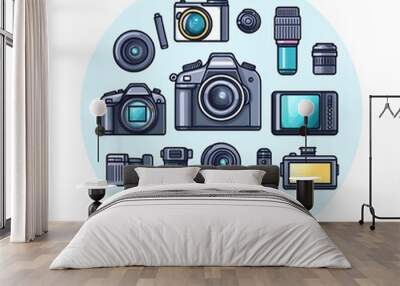 240805 171. A simple vector icon illustration depicting the group of photography equipment items at center for a website isolated white background Wall mural