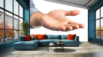 240805 174. A man showing curled fingers and palm in office meeting room. Palmar fascia tightened due to dupuytren's contracture and constant repetitive gripping longtime. Health and medical concept Wall mural