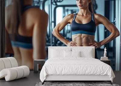 240805 185. A woman examining distended abdomen in gym mirror. Abdominal wall damaged due to diastasis recti and repetitive intense abdominal exercises longtime. Health and medical concept isolated Wall mural