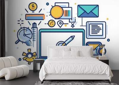 240805 245. A simple vector icon illustration depicting the group of tech-enabled efficiency items at center for a website isolated white background with modern laptop and time management symbols Wall mural