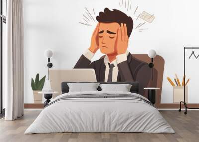 240805 52. A man experiencing discomfort at head in corporate workspace. Cranial muscle tension caused by chronic stress and prolonged screen viewing. Medical illustration on white background,png Wall mural