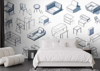 2410_019.interior design technical drawings, modern seating diagram set, clean line art furniture, isometric chair collection, precise geometric outlines, professional furniture sketches, minimal Wall mural