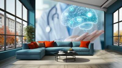 2410_113.a virtual brain floats above the hand of a doctor, illuminated with glowing lines and medical icons such as plus signs and network nodes represents the merging of ai technology with brain Wall mural