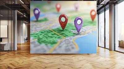 geolocation symbol collection, light blue canvas, simplified map graphics in green and purple, red location markers, clean lines and shapes, modern icon set for mobile apps and websites Wall mural