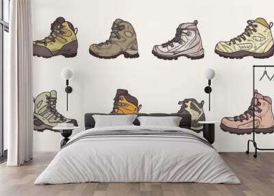 hand-drawn hiking shoe varieties, camping essentials miniatures, muted color scheme, detailed stitching representation, isolated on blank canvas, explorers' gear pictogram set Wall mural