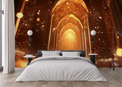 opulent award ceremony backdrop, glowing amber arches, sparkling dust, rich chocolate-brown setting, dramatic lighting effects, 3d digital art Wall mural