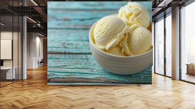 Closeup of a white vanilla ice cream scoop in a bowl, topped with fresh mint, a summery dessert delight. Image generated by AI Wall mural