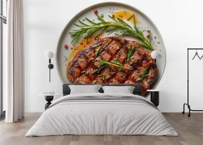 Excellent lamb steak Placed in a plate, view from above, placed on a white background. Image generated by AI Wall mural