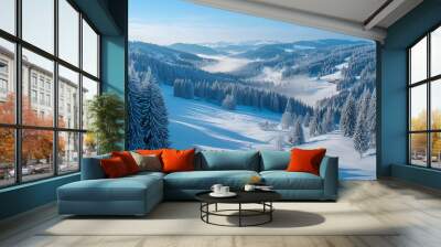 Snowy Mountain Vista: Aerial view of a breathtaking winter landscape, snow-covered fir trees blanket a serene valley under a brilliant blue sky.   Wall mural