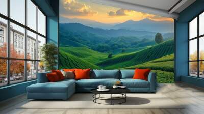 The rolling hills of tea plantations stretch as far as the eye can see, covered in lush green and bathed in the soft golden light of dusk. Wall mural