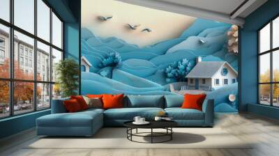 Whimsical Blue Landscape: A papercraft wonderland, a serene blue landscape with charming houses, lush trees, and delicate birds in flight.  A whimsical and enchanting scene evokes peace and tranquilit Wall mural