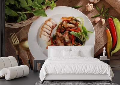 Stir-fried pork belly with basil food menu Asian food style Wall mural