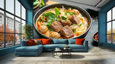 A bowl of Thai boat noodles, rich and flavorful, with slices of beef, pork balls, and fresh herbs, presented in a traditional setting. Wall mural