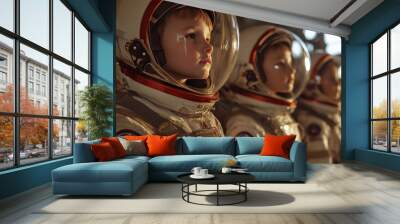 A group of child astronauts preparing for a space launch, going through the same rigorous checks as adult counterparts. Wall mural