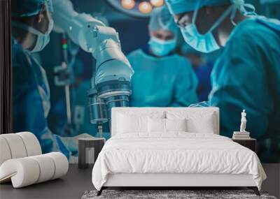 A robotic arm assisting a surgeon during a minimally invasive procedure, exemplifying the synergy between human expertise and AI technology in delivering precision healthcare interventions. Wall mural