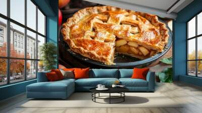 Freshly baked organic apple pie cooling on a kitchen counter, with a slice removed to show the filling. Wall mural