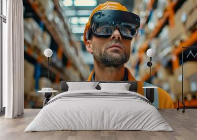 Warehouse worker using VR glasses to streamline package picking and delivery, showcasing advanced supply chain technology. Wall mural