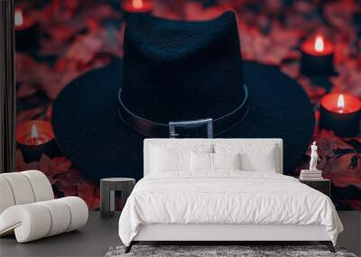 Black Fedora Hat with Burning Candles on Red Leaves Wall mural