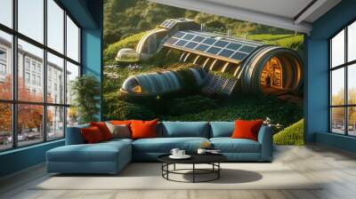 Futuristic eco-house with solar panels, nestled in lush green landscape. Sustainable architecture and environmental harmony. Wall mural