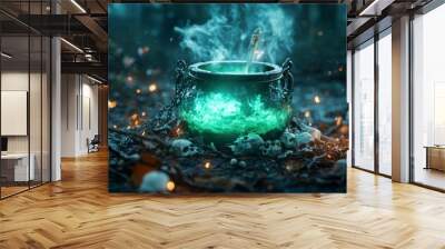 Glowing Green Potion in a Witch s Cauldron with Skulls and Flames Wall mural