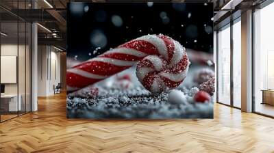 Red and White Candy Cane with Sugar Crystals in Snow Wall mural