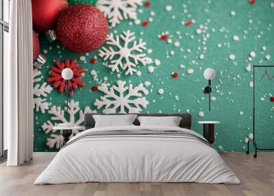 Red Christmas Ornaments and White Snowflakes on Green Background Wall mural