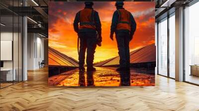 Solar Panel Workers at Sunset Wall mural