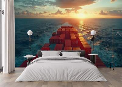 Sunset view over a cargo ship navigating through the open sea, carrying shipping containers. Concept of global trade and maritime transport. Wall mural