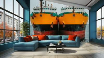 Two Yellow and Green Cargo Ships Moored at Sea Wall mural