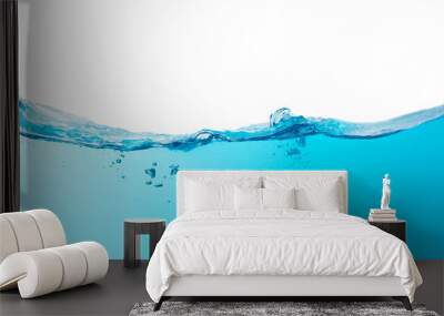 Blue water splashs wave surface with bubbles of air on white background. Wall mural