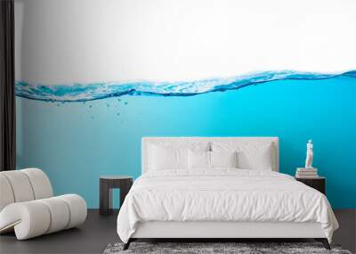 Blue water splashs wave surface with bubbles of air on white background. Wall mural